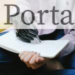Woman with modern prosthesis of hand writing in notebook