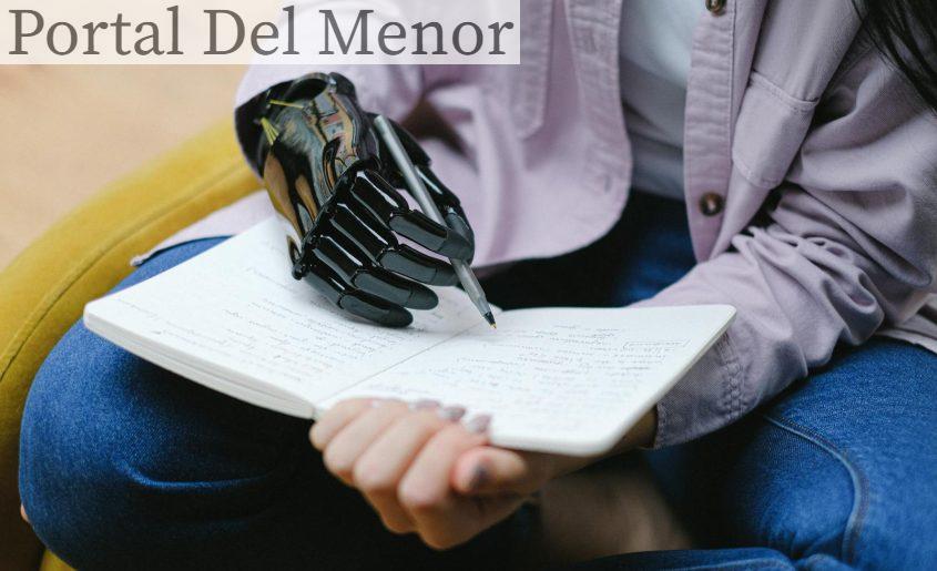 Woman with modern prosthesis of hand writing in notebook