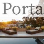 a pool with two lounge chairs and a view of a house